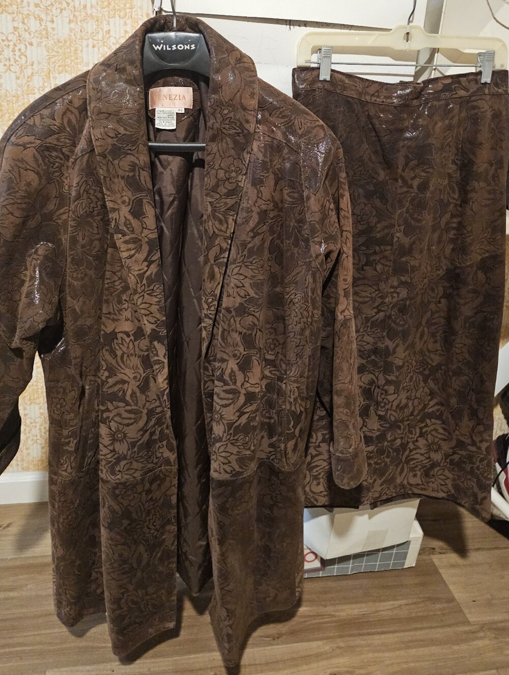 Venezia Brown Floral Velvet-Coated Blazer and Skirt Set